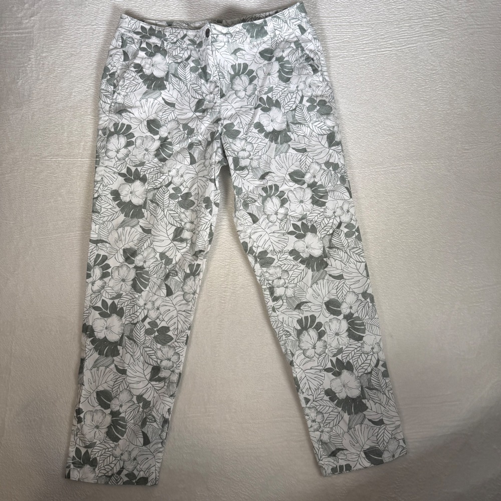 Talbots Womens 14 Tropical Floral Ankle Pants Green White Cotton Stretch Chino‎